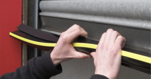 Sealing strip applied to a metal door.